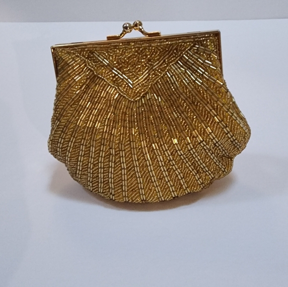 EVENING BAG 1970s HAND BEADED GOLD + CONVERTIBLE SHOULDER SNAKE CHAIN NWOT MINT - Picture 3 of 14